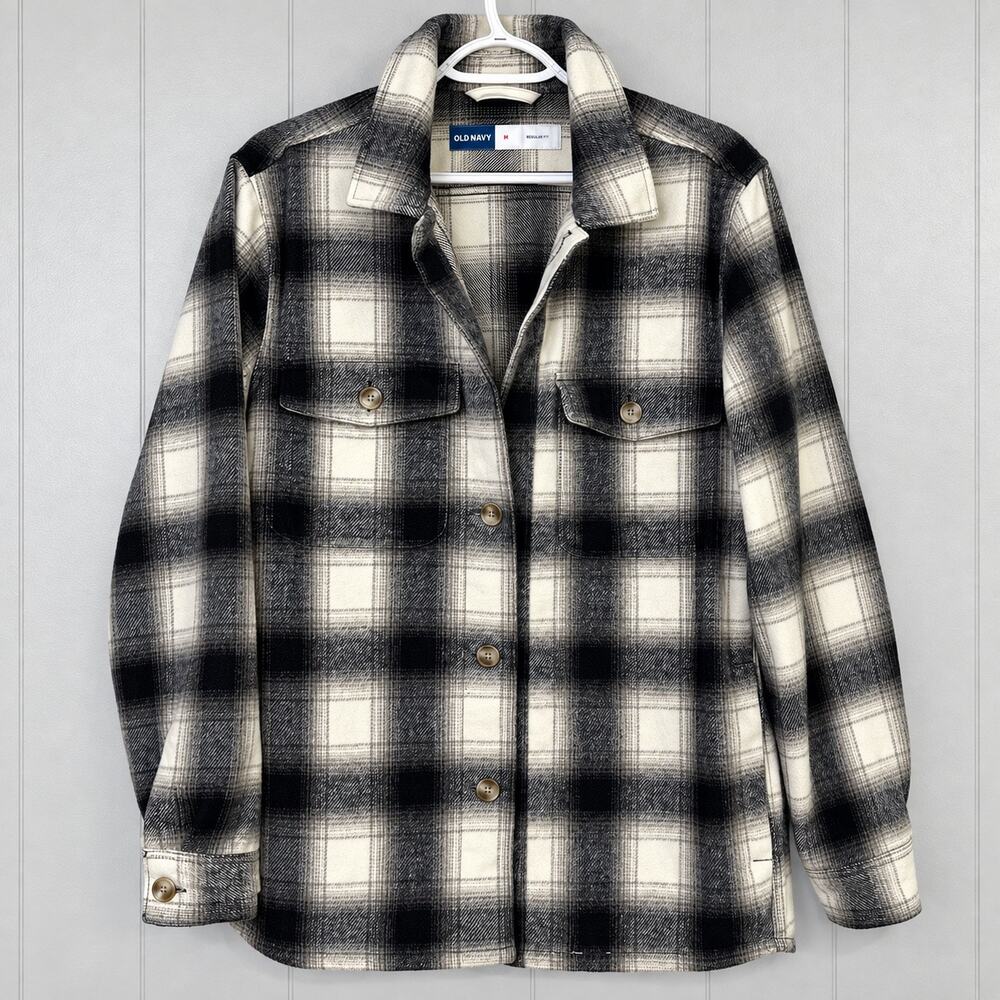 Old Navy Mens M Cream Black Plaid Flannel Shacket Shirt Jacket